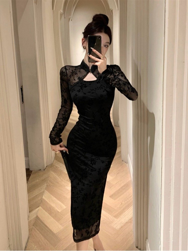 新中式国风改良旗袍蕾丝长袖连衣裙女