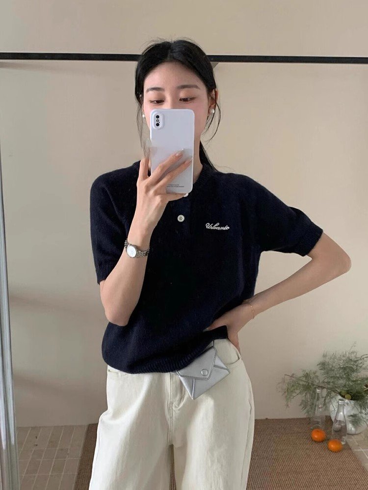 韩系设计感蓝色针织冰丝短袖正肩t恤女夏季