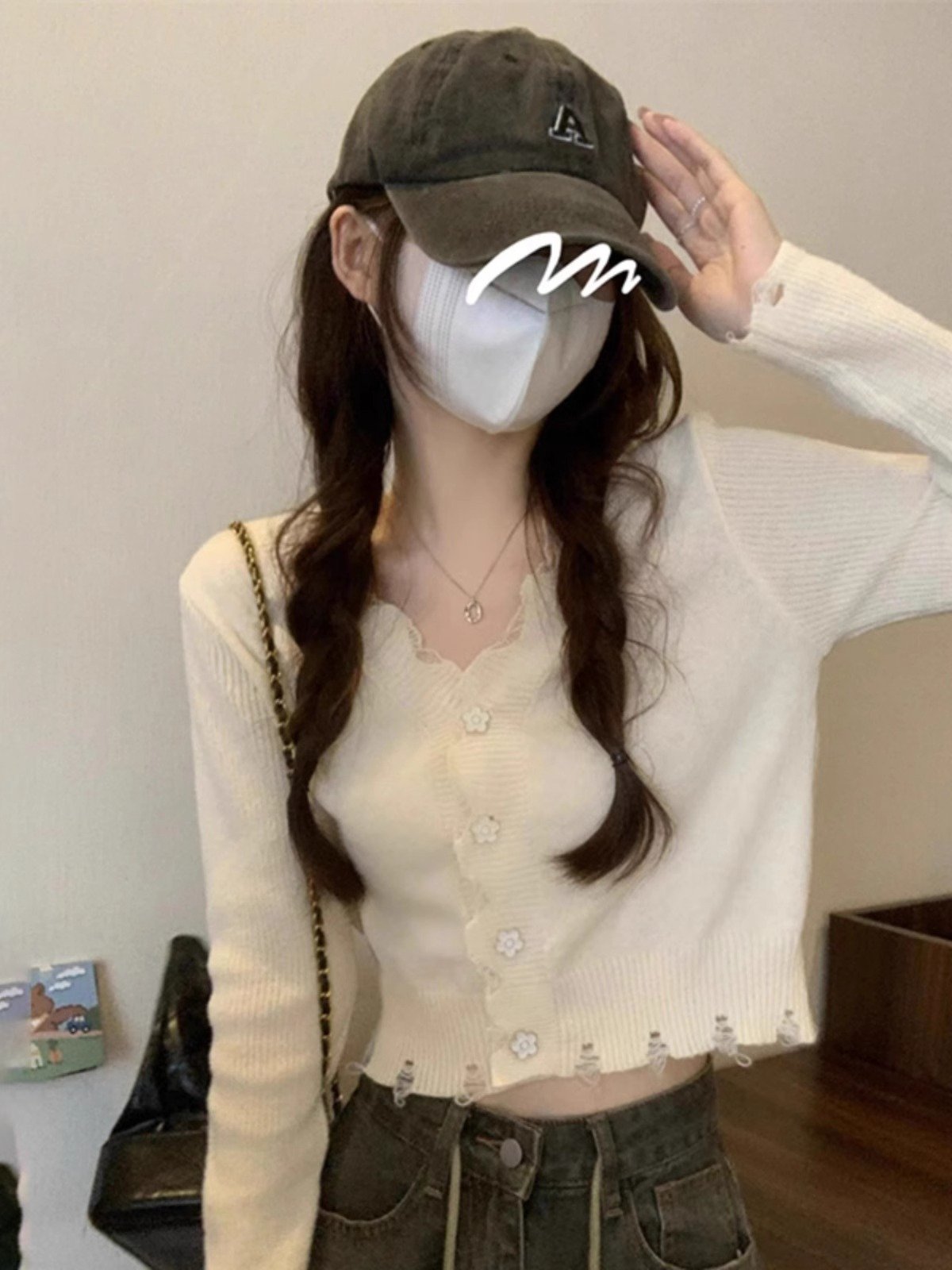 白色V领长袖T恤女早秋穿搭掐腰短款修身内