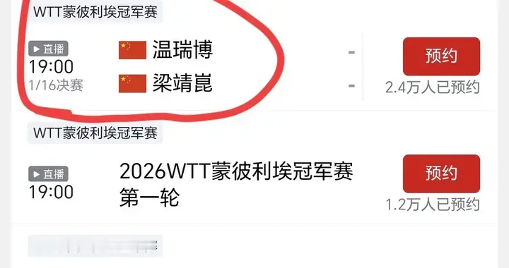 央视直播：WTT蒙彼利埃冠军赛10月29日赛程，梁靖崑对阵温瑞博