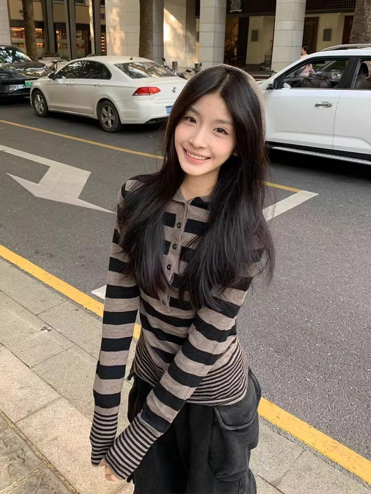 美式辣妹灰色条纹连帽长袖针织t恤女秋冬修