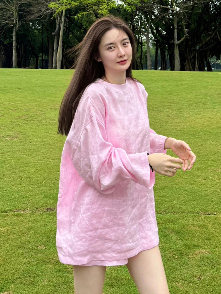 多巴胺独特超好看小上衣设计感粉色圆领T恤
