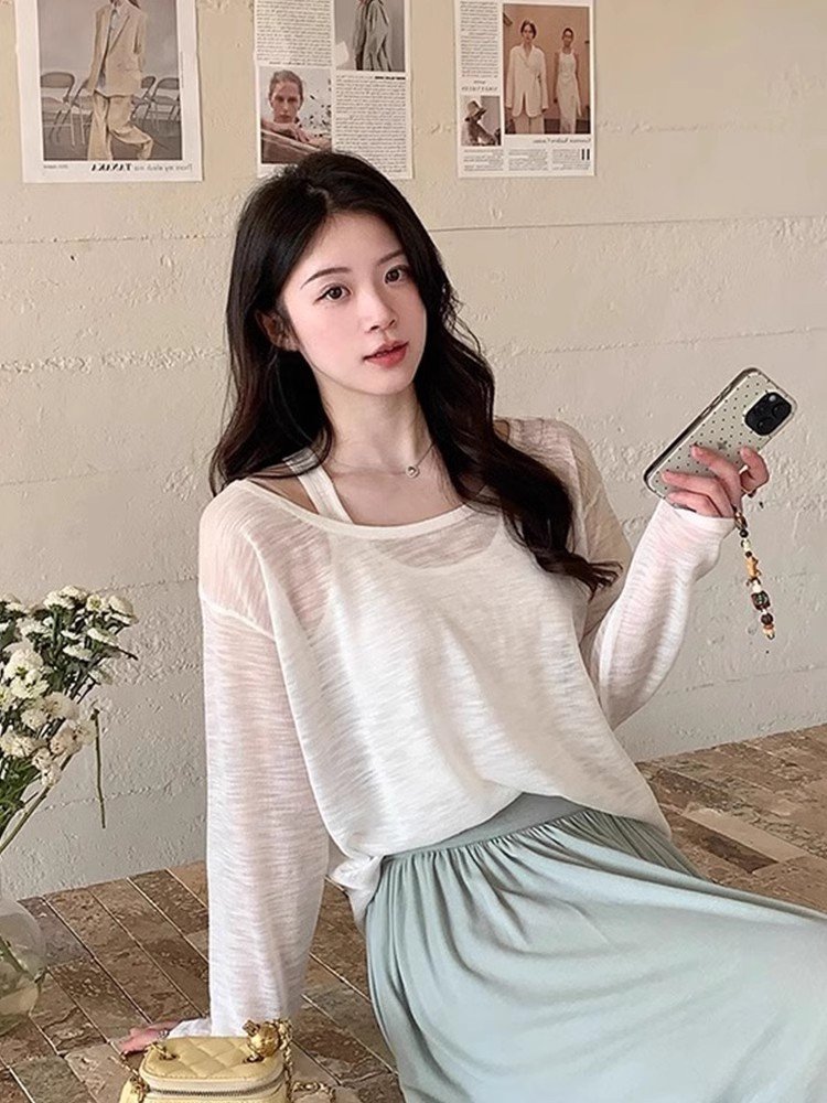 美式复古黑白条纹冰丝长袖防晒t恤罩衫女夏