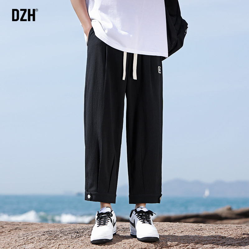 男士黑色冰丝裤子男夏季薄款九分裤运动裤2024新款直筒休闲裤男款