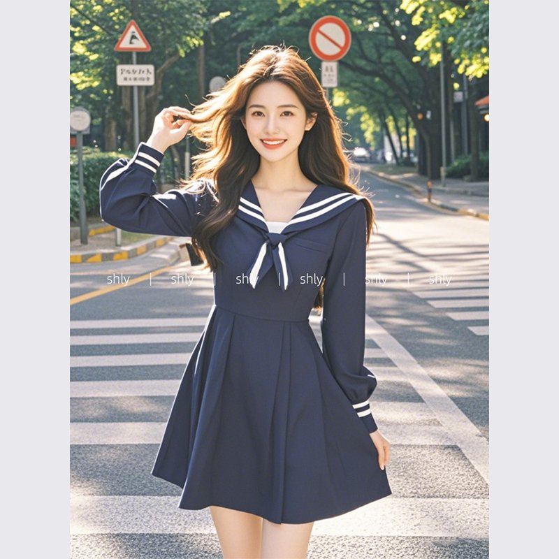 今年流行漂亮超好看藏青色海军领长袖连衣裙