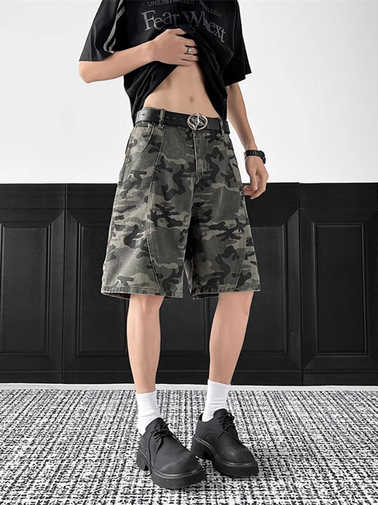 美式解构迷彩短裤男夏季斜切设计感伐木工装