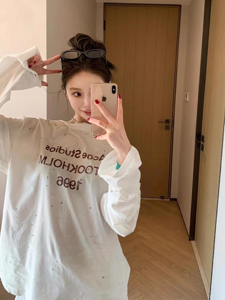 高级感外搭白色重工长袖正肩t恤女早春独特