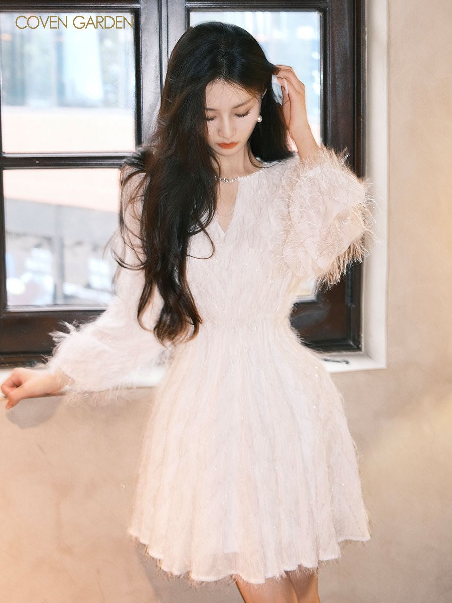 仙气雪纺羽毛纱长袖连衣裙