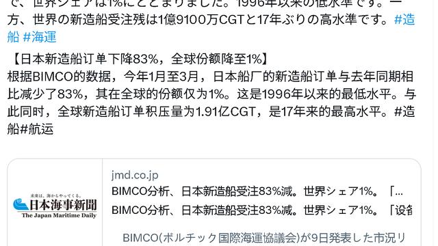 寡人迦叔：今年1月至3月，日本船厂的新造