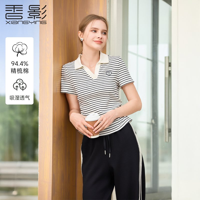 香影黑白条纹正肩t恤女短袖