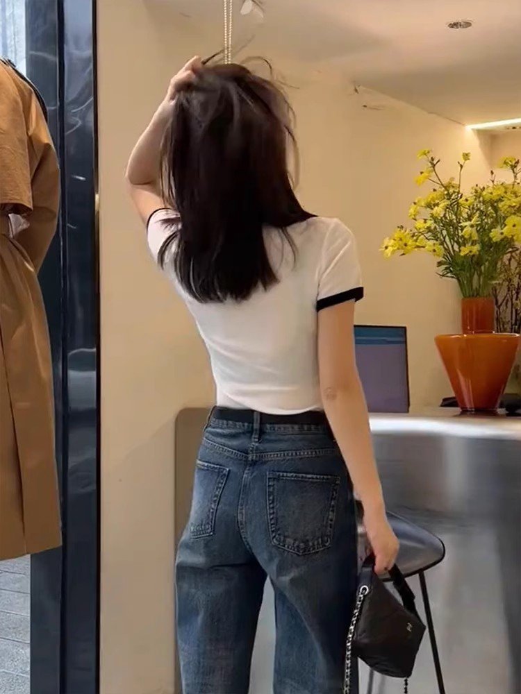 美式复古白色正肩短袖t恤女夏季甜辣小个子