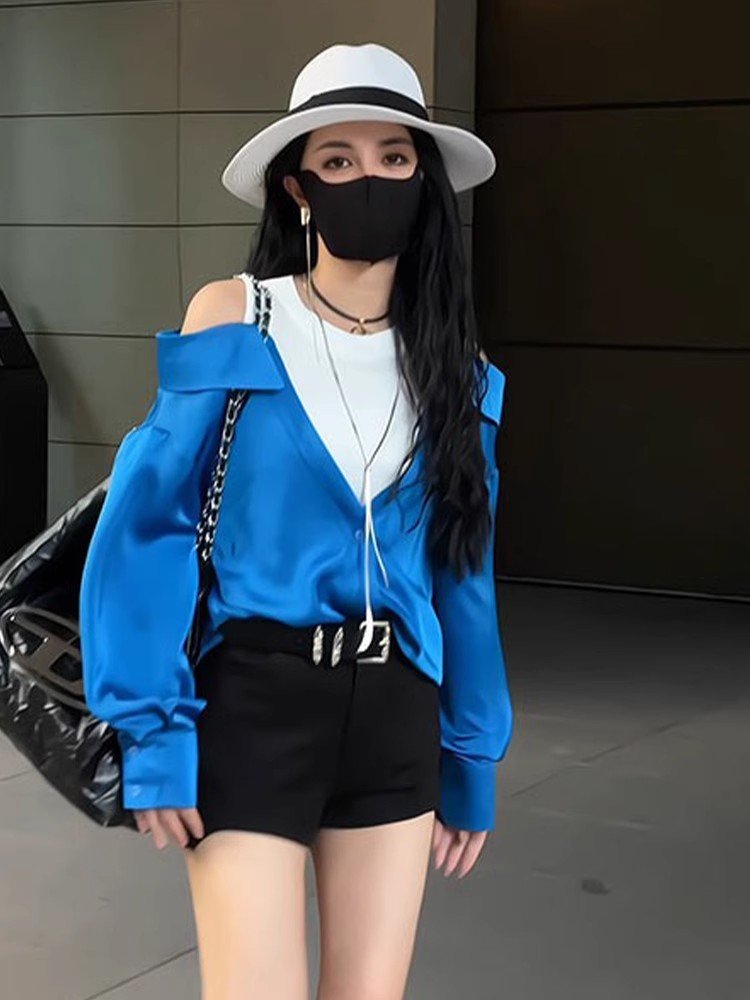 法式蓝色假两件露肩长袖衬衫女春秋季独特漂