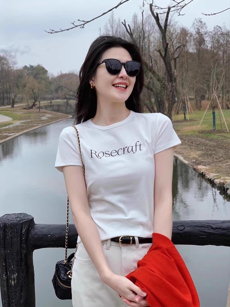 小个子白色字母印花正肩纯棉短袖t恤女夏季