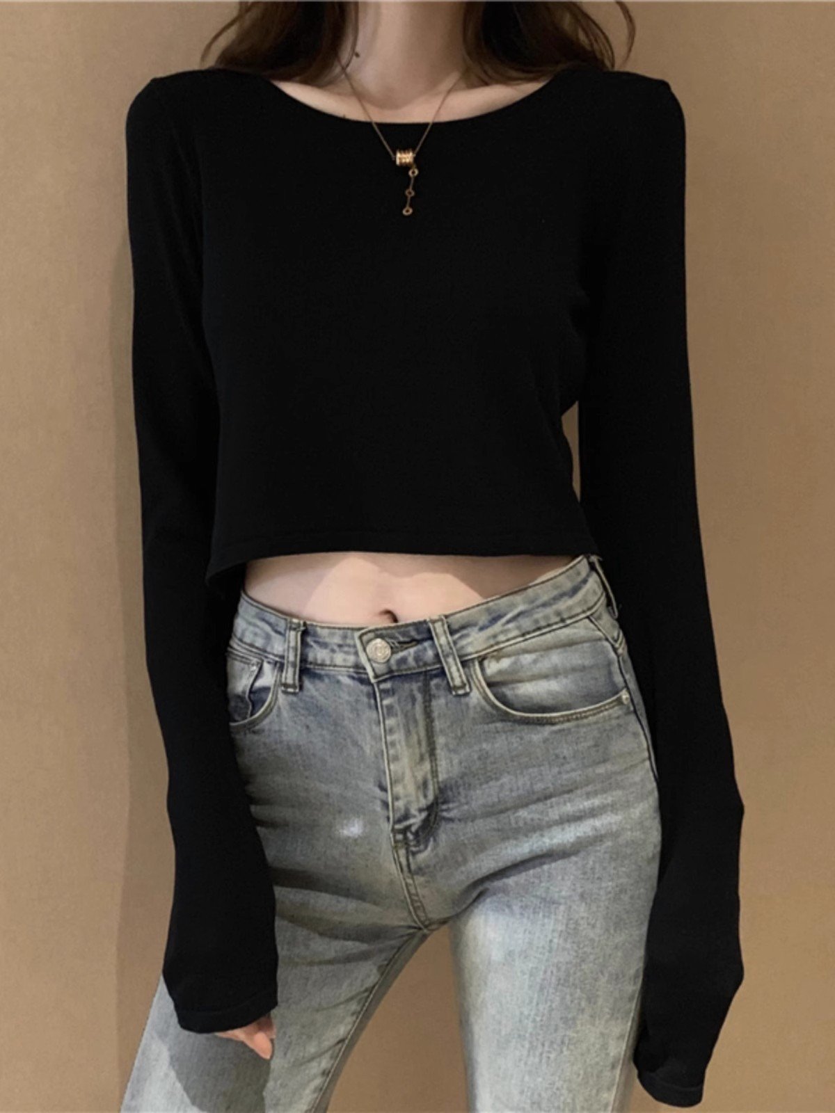 黑色短款打底上衣女春秋款小个子设计感小众