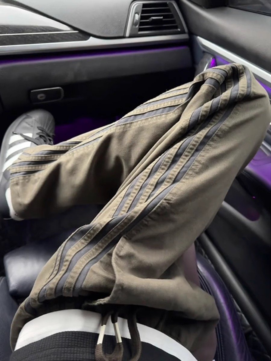 军绿色条纹拼接裤子男款春秋美式复古三条杠