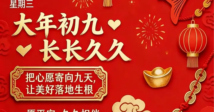 2026年大年初九新年祝福美图，愿你九运当头，开心久久