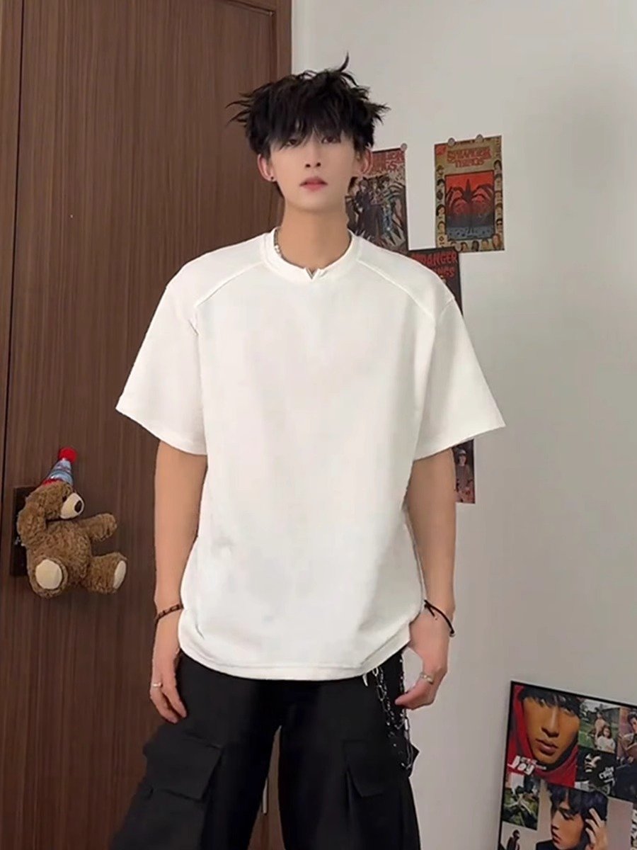 白色正肩v领短袖男款夏季廓形硬挺重磅t恤