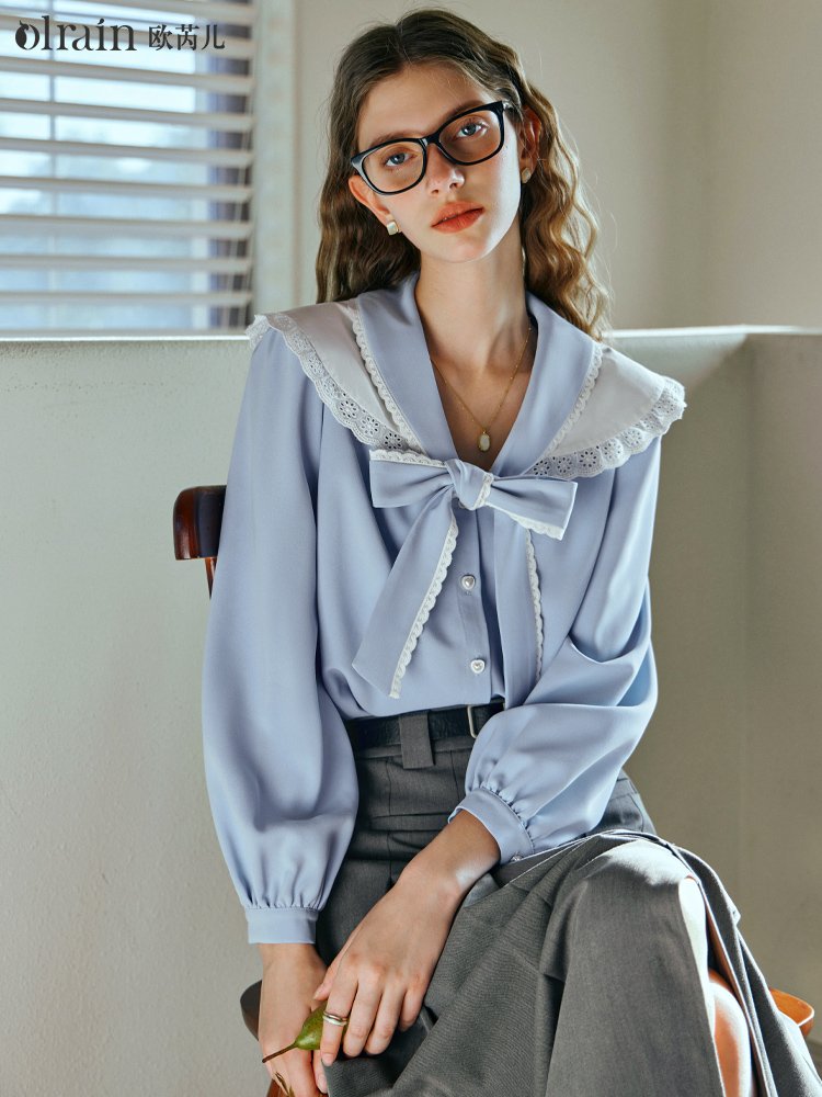 清甜浪漫气质！法式蕾丝荷叶领衬衫