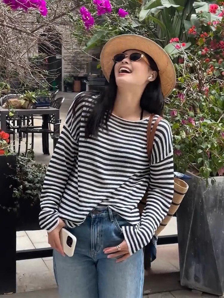 韩系黑白条纹正肩长袖t恤打底衫女春秋季独