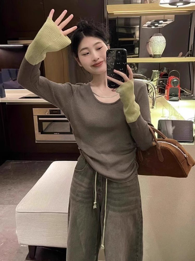 小个子撞色u领针织衫上衣女春秋早春内搭打