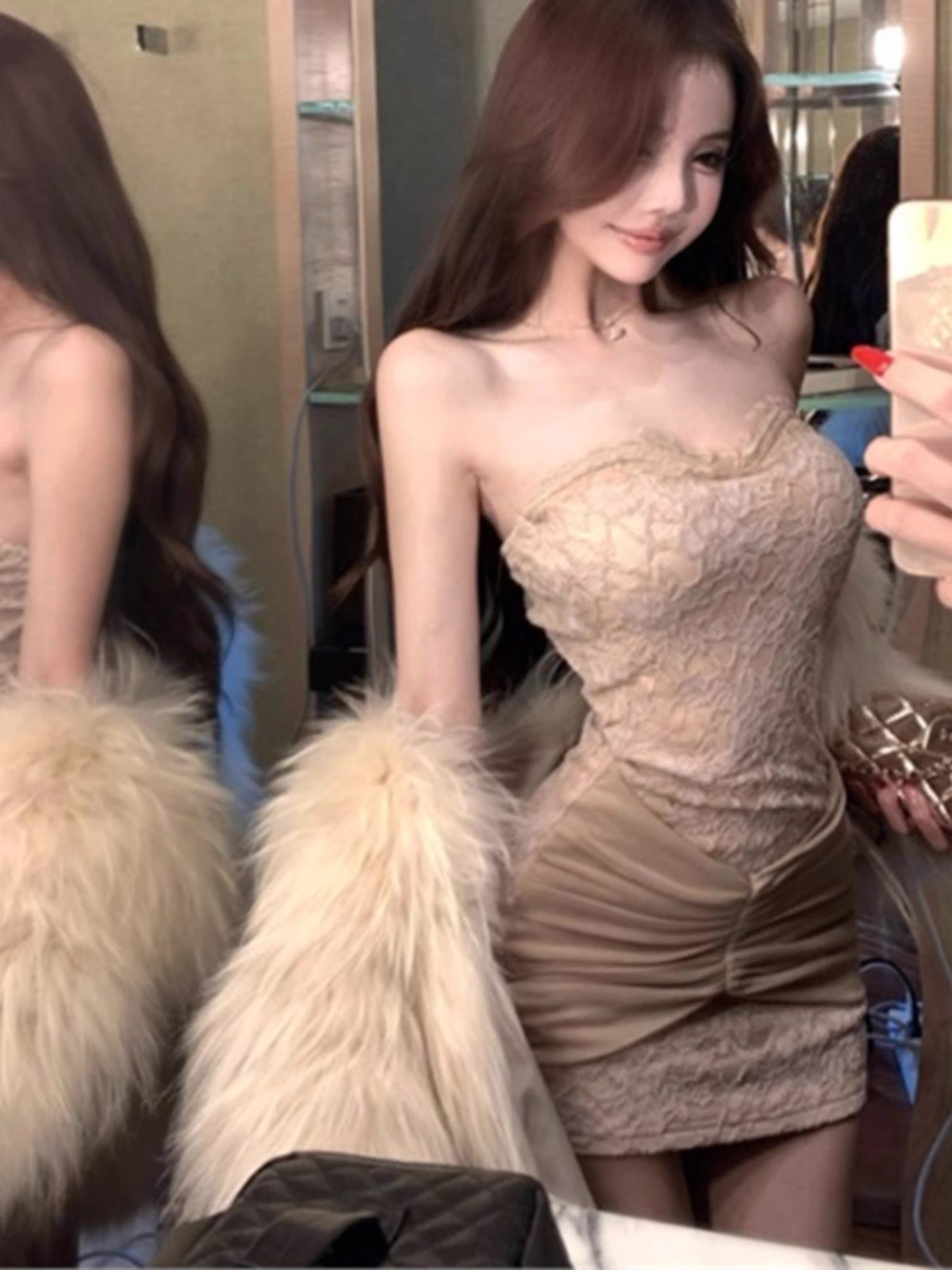 纯欲性感蕾丝拼接抹胸内搭连衣裙女冬季紧身