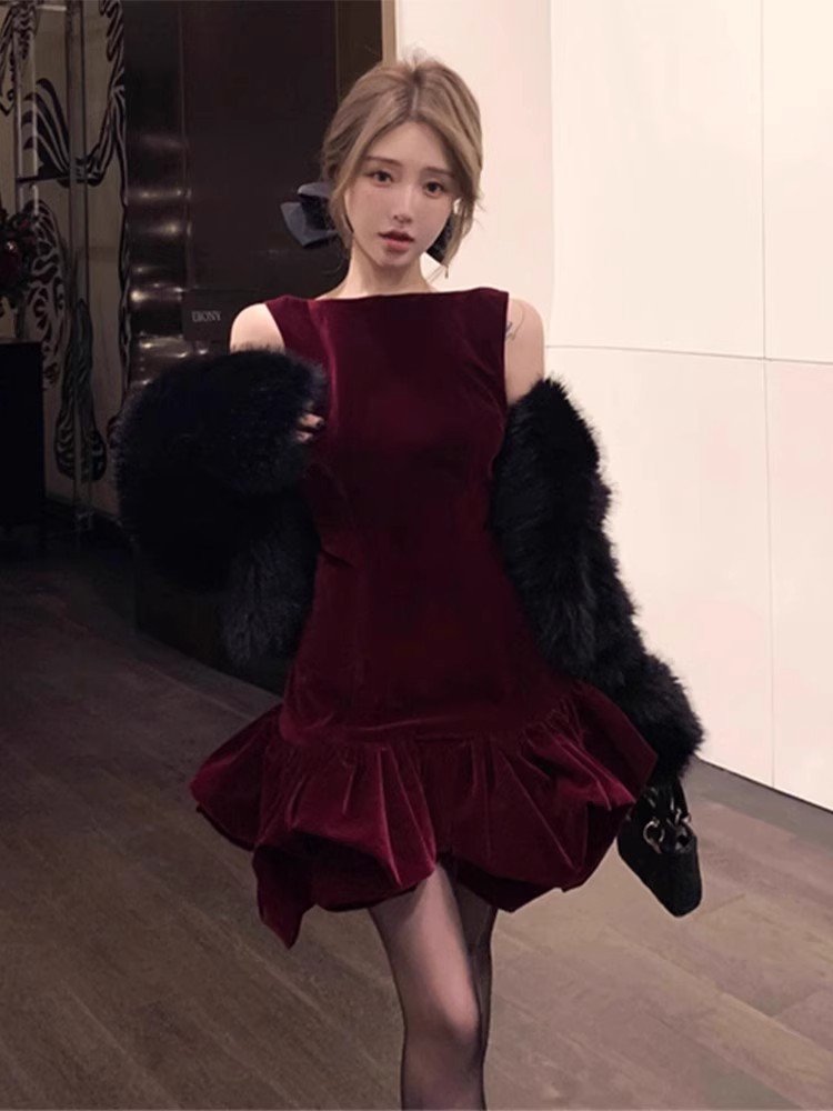 法式红色丝绒内搭连衣裙女冬季新年战袍高级