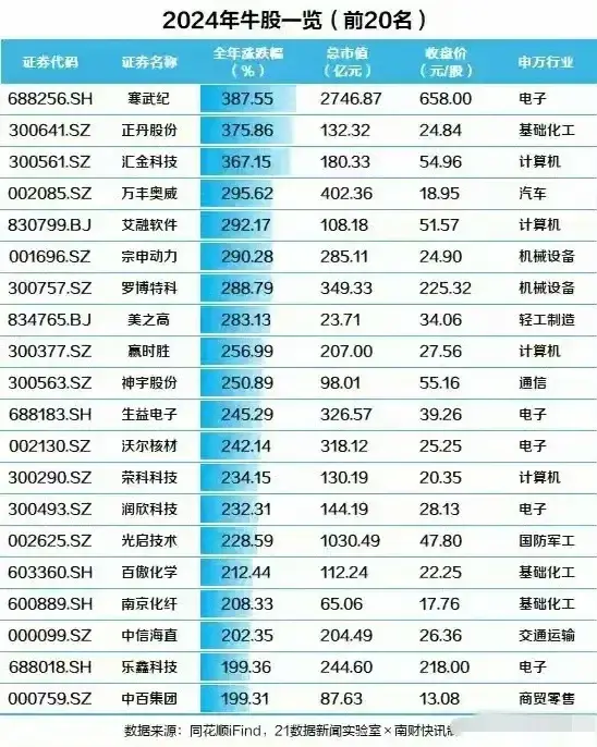 2024年度牛股榜20强已新鲜出炉！