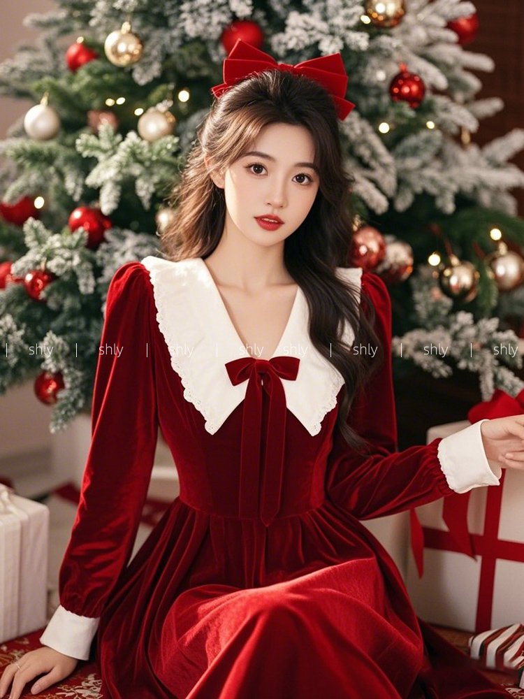 本命年红色翻领丝绒连衣裙子女秋冬