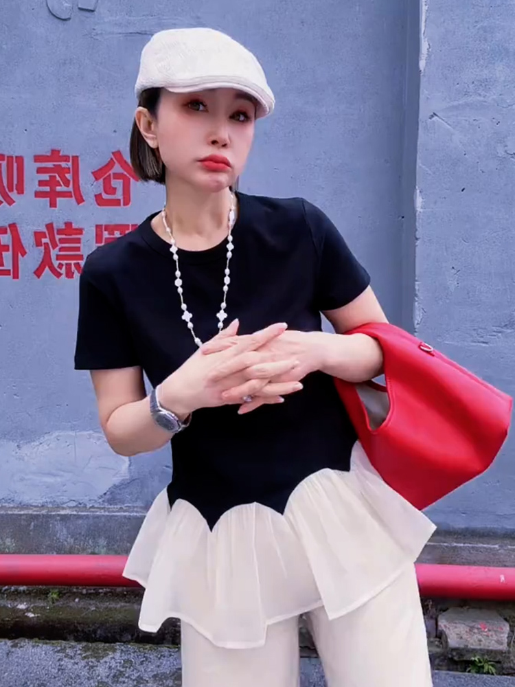 超好看超火上衣芭蕾风黑色花边拼接短袖T恤