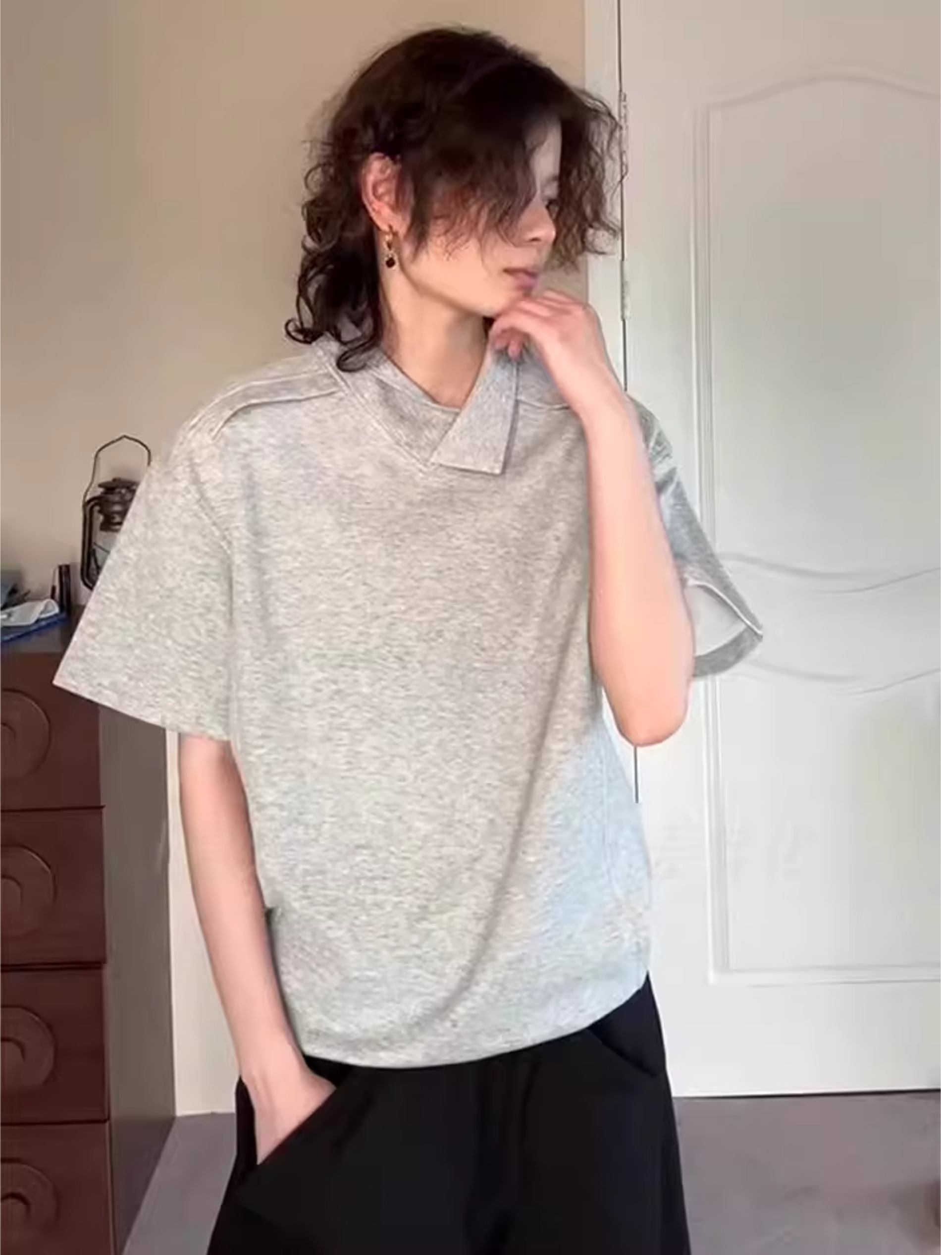 灰色解构不规则翻领短袖男夏季小众设计感正