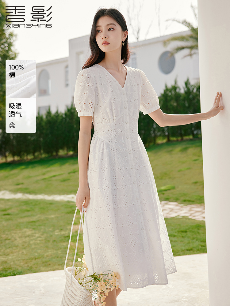 香影白色v领纯棉连衣裙女泡泡袖
