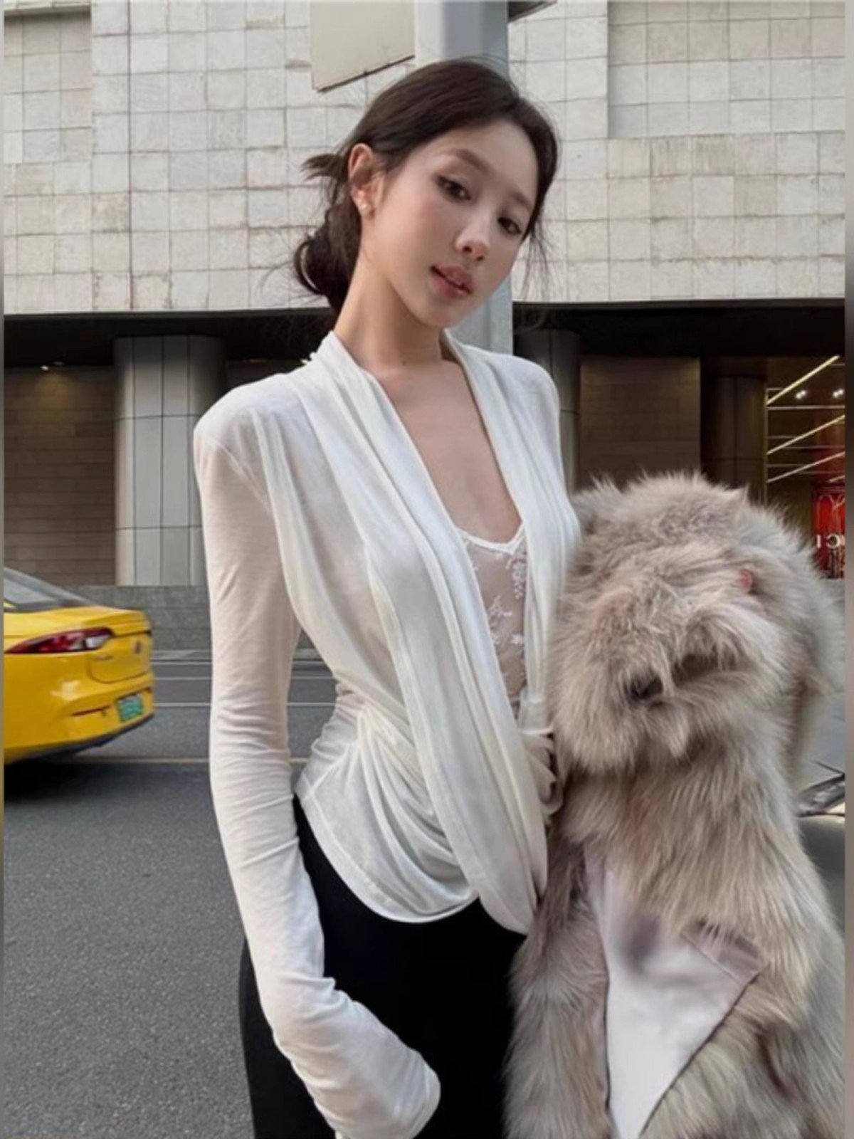 性感白色蕾丝拼接假两件荡领长袖t恤女冬季