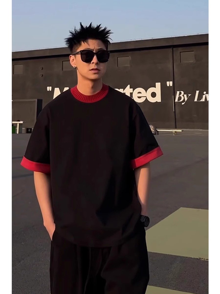 黑色正肩针织短袖男款夏季设计感拼接撞色重