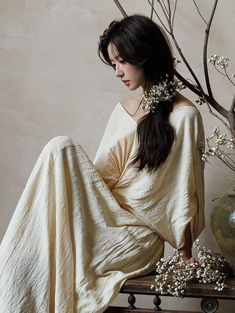 禅意茶服新中式国风白色亚麻扭结连衣裙女