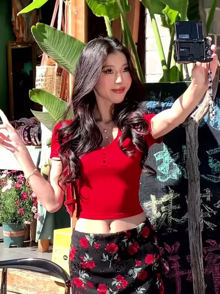 红色v领冰丝针织正肩短袖t恤女夏季辣妹小