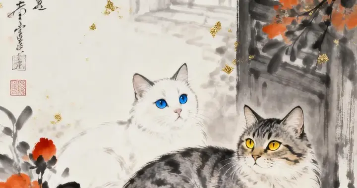 午窗闲：墨色花间两团绒，窗畔凌霄猫语时