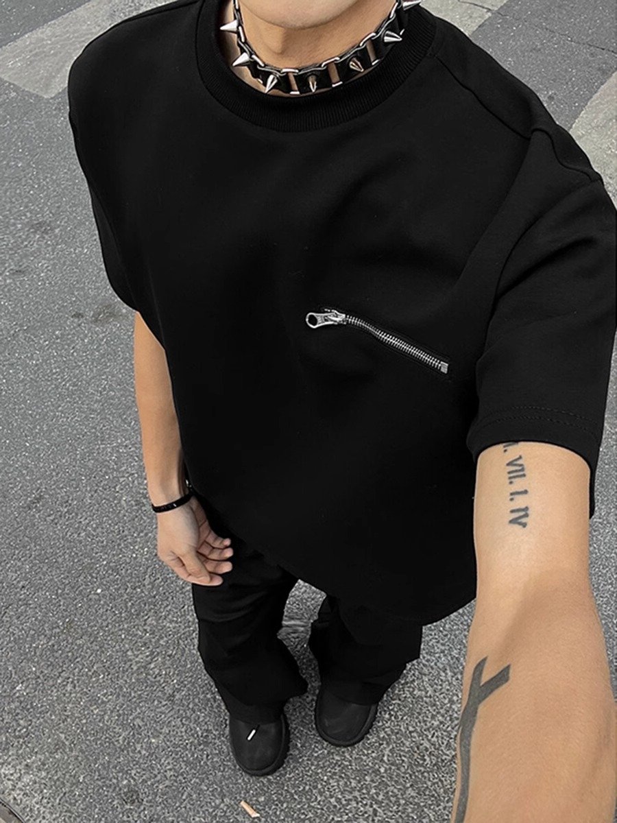 黑色小领口正肩短袖男款夏季拉链设计感半袖