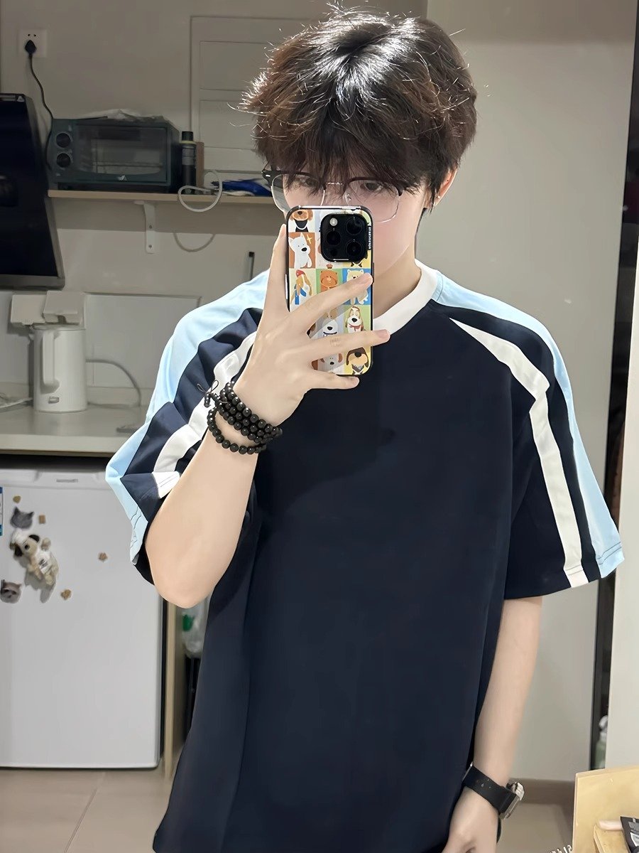 藏青色条纹短袖男夏季撞色小领口插肩袖t恤