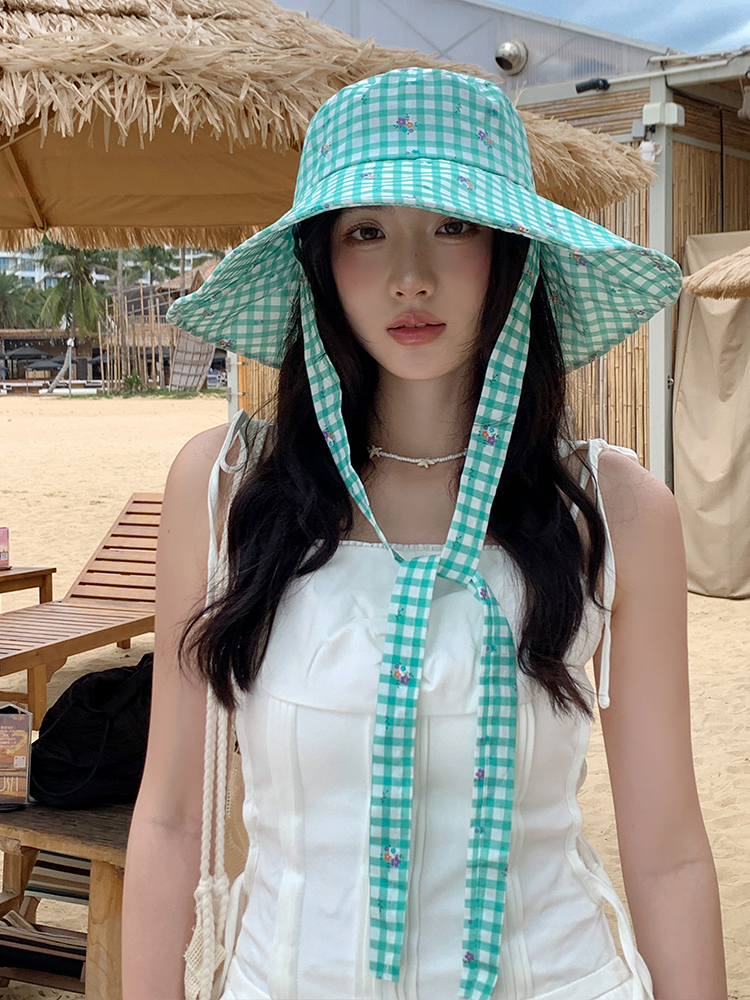 小清新碎花遮阳夏季绿色格子渔夫帽！