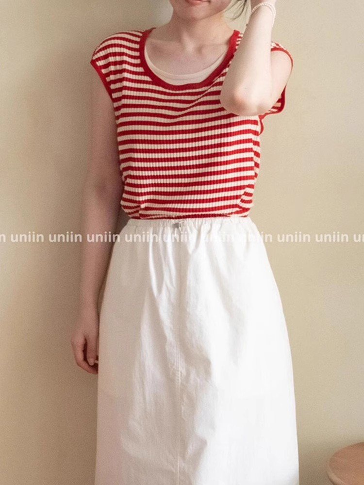 红色条纹冰丝假两件小飞袖短袖t恤小个子别