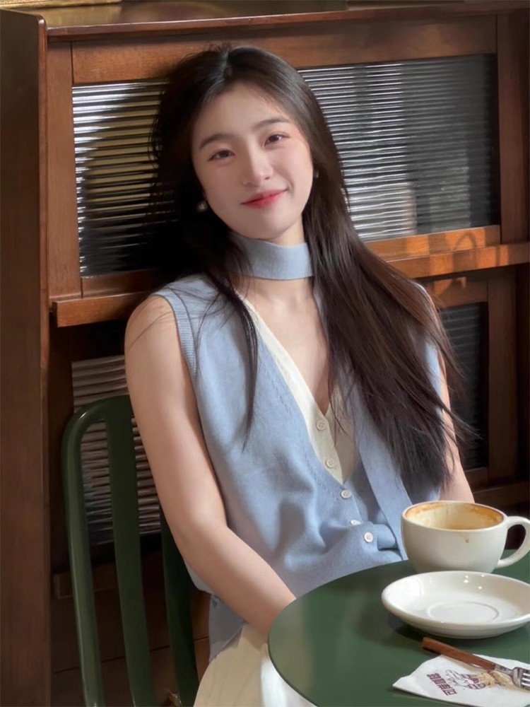 韩系蓝色挂脖v领假两件冰丝无袖t恤女夏季