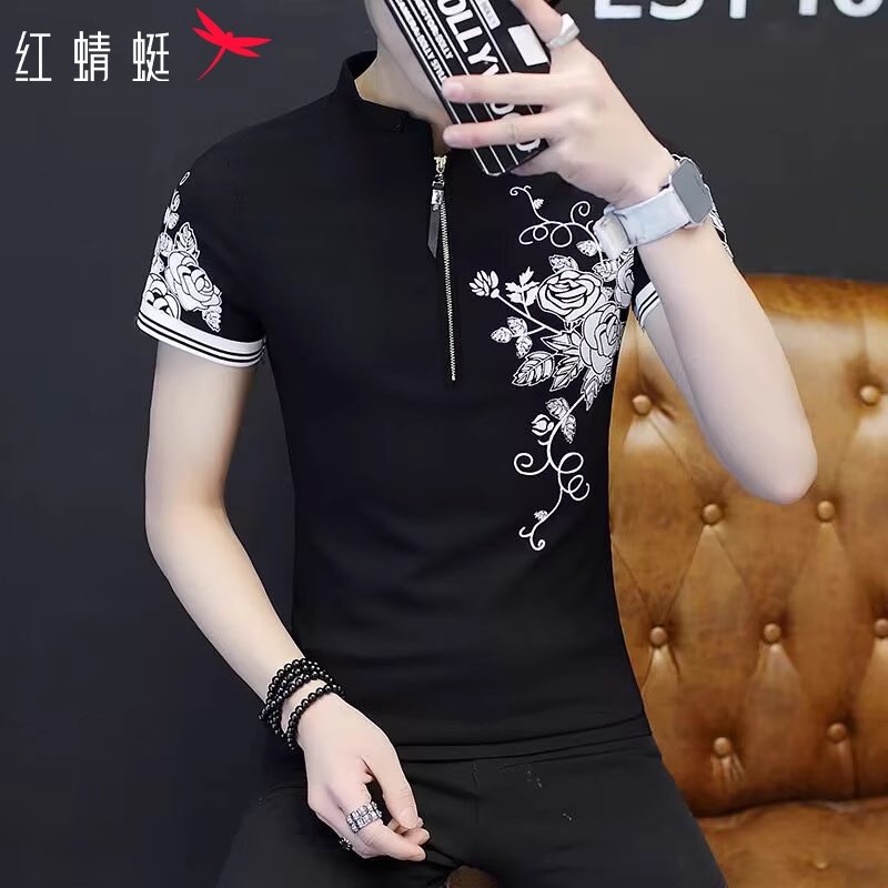 红蜻蜓休闲短袖t恤男士白色立领印花上衣夏