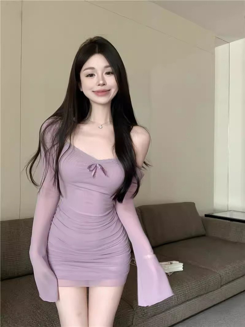 纯欲辣妹紫色网纱长袖连衣裙女春季气质高级