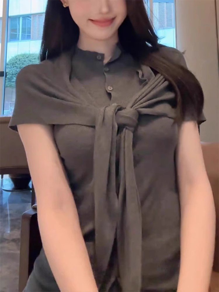 假两件披肩短袖T恤女2025新款春季洋气