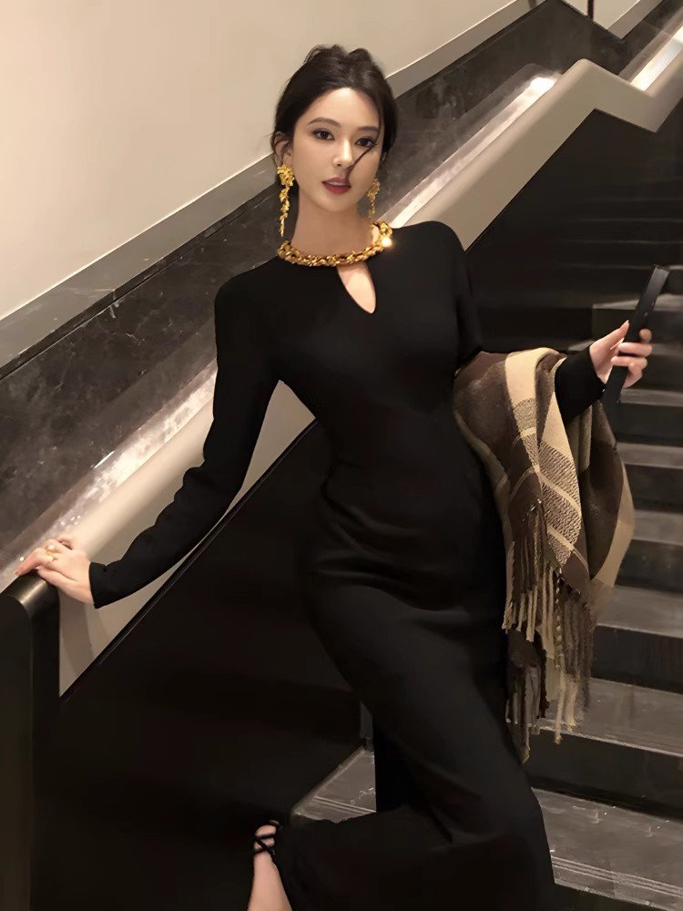 法式赫本风高级感重工镶钻连衣裙女春季气质