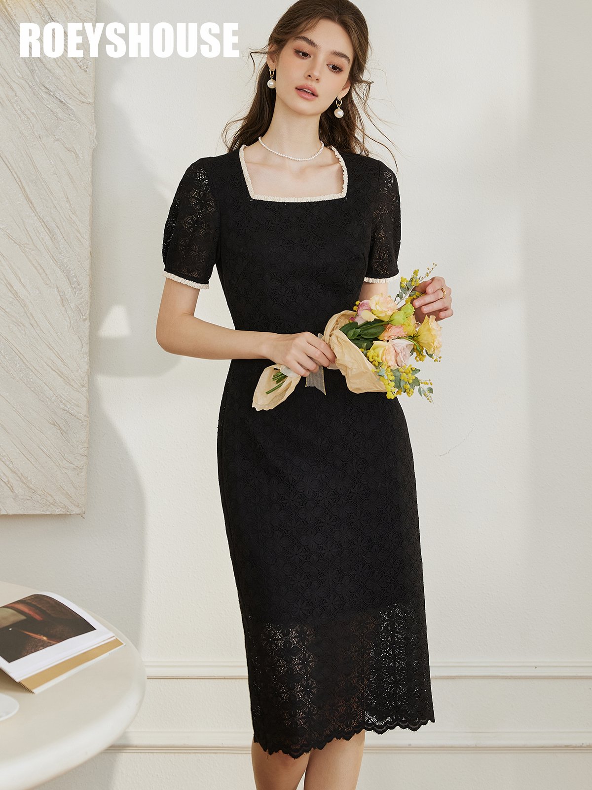 法式方领蕾丝连衣裙，时髦知性全都有