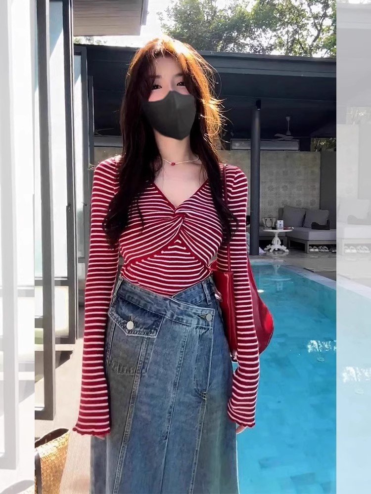 韩系红色条纹扭结v领长袖t恤女春秋季小个