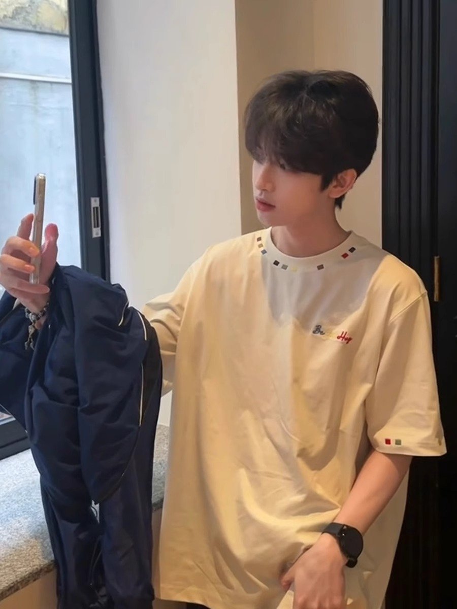 国风撞色彩绣t恤男夏季少年感穿搭小领口短