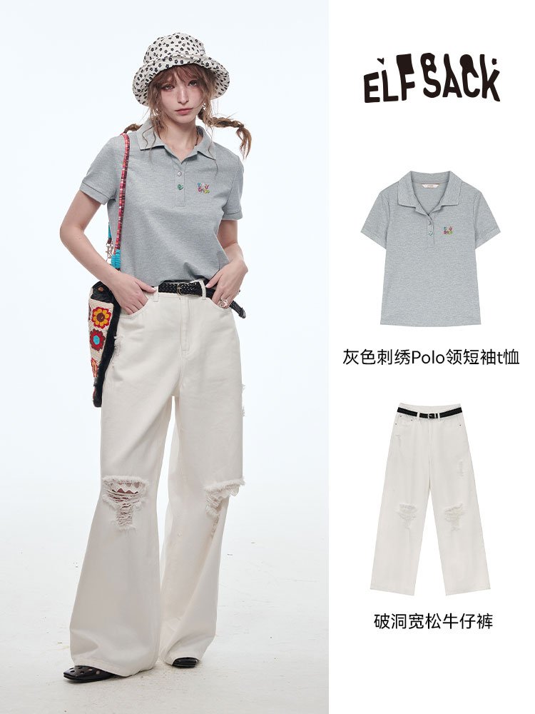 灰色刺绣Polo领短袖T恤