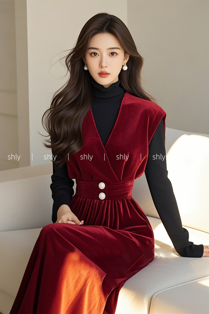 冬季过年新年战袍红色丝绒背心连衣裙子两件套装2024女新款秋冬款